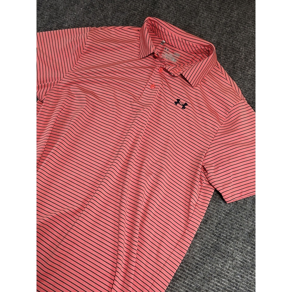 Under Armour Mens HeatGear Loose Fit Striped Golf Polo Shirt Coral Pink Large